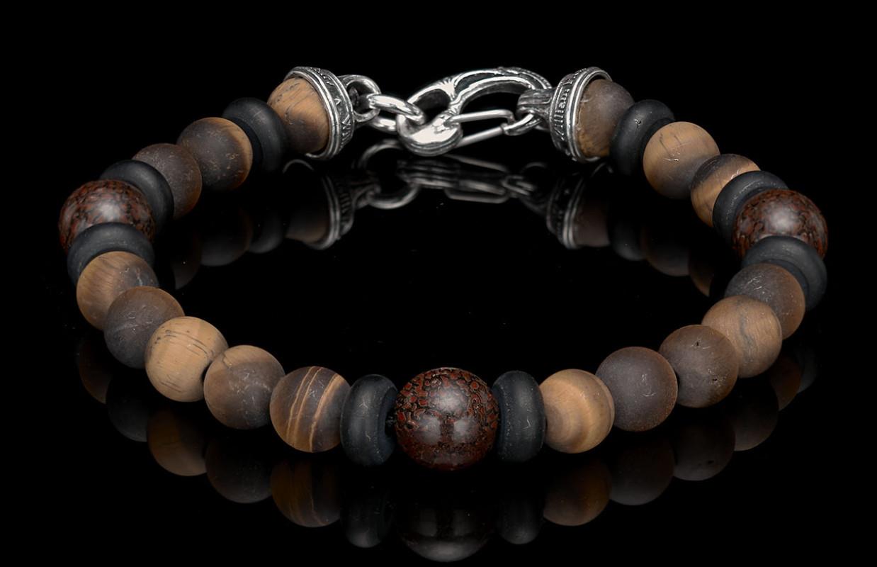 William Henry Sterling Silver Frosted Tiger's Eye, Onyz, Dragon Fire Dinosaur Bone Beaded Bracelet